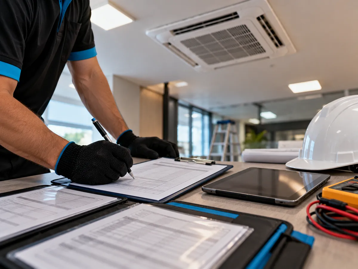 Técnico da Refriar Sul fazendo inspeção de PMOC em ar-condicionado