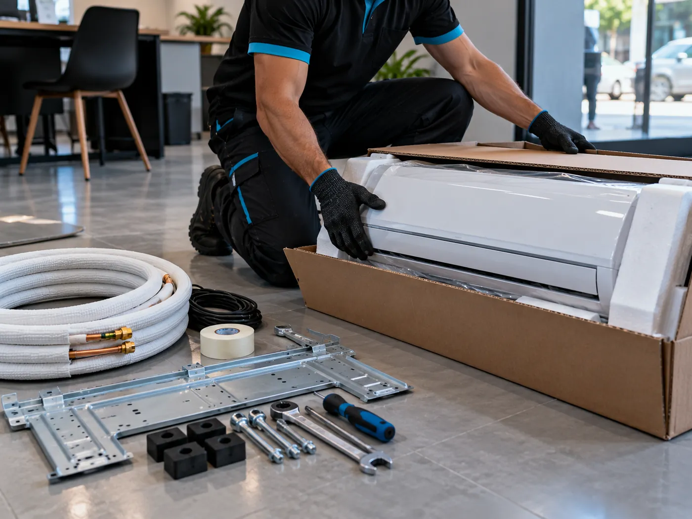 Técnico da Refriar Sul instalando ar-condicionado