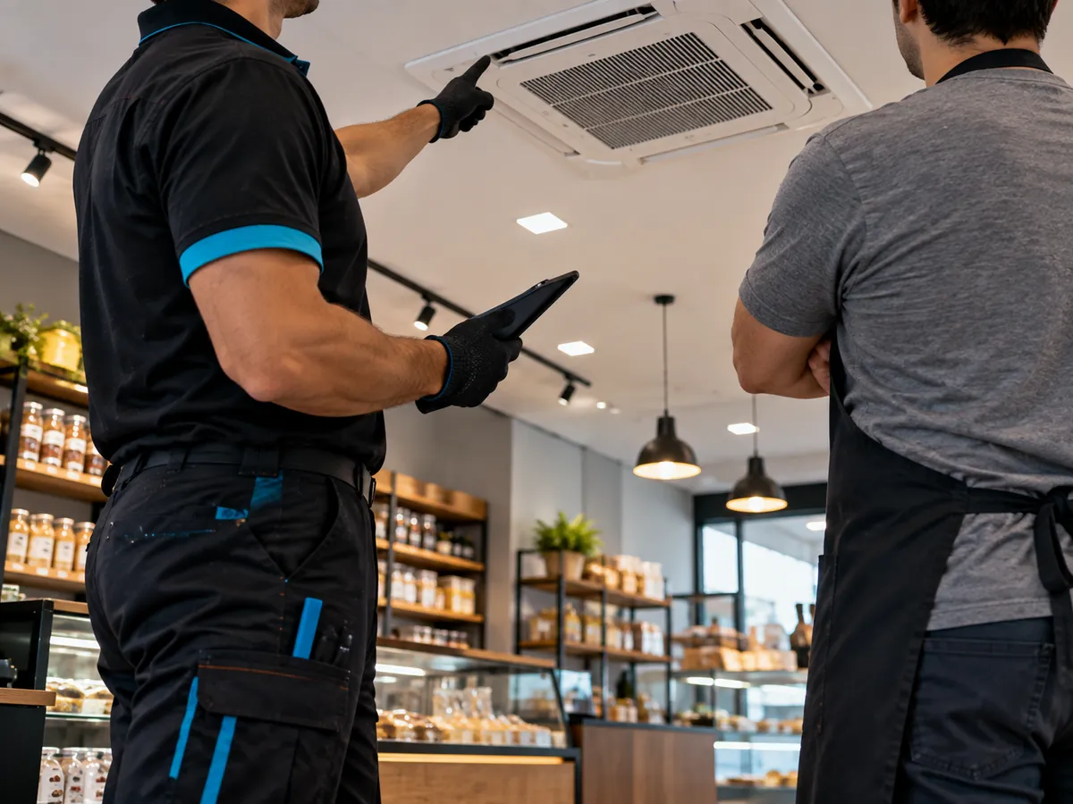 Técnico da Refriar Sul fazendo manutenção em ar-condicionado